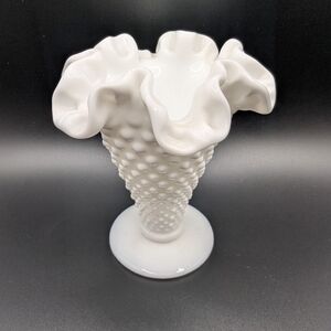 Fenton White Hobnail Ruffled Milk Glass Vase Small- 5.5" Tall